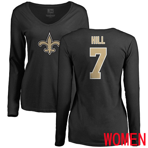 New Orleans Saints Black Women Taysom Hill Name and Number Logo Slim Fit NFL Football #7 Long Sleeve T Shirt